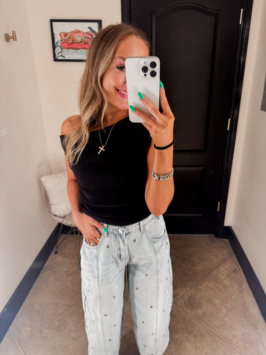Studded Barrel Denim Pants