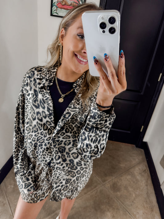 Satin Leopard Button Down