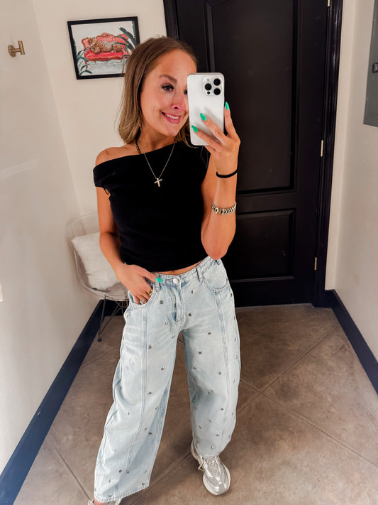 Studded Barrel Denim Pants