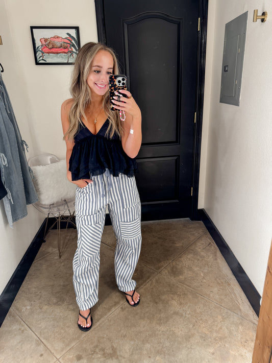Blue railroad stripe utility pants